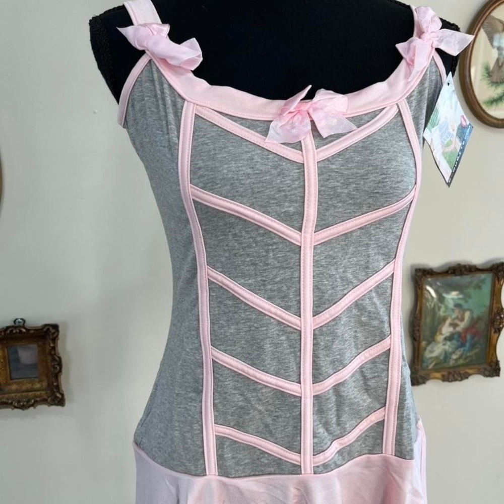 Coquette Grey & Pink Jersey Lycra Babydoll Mini Dress vintage Y2K - Picture 2 of 5